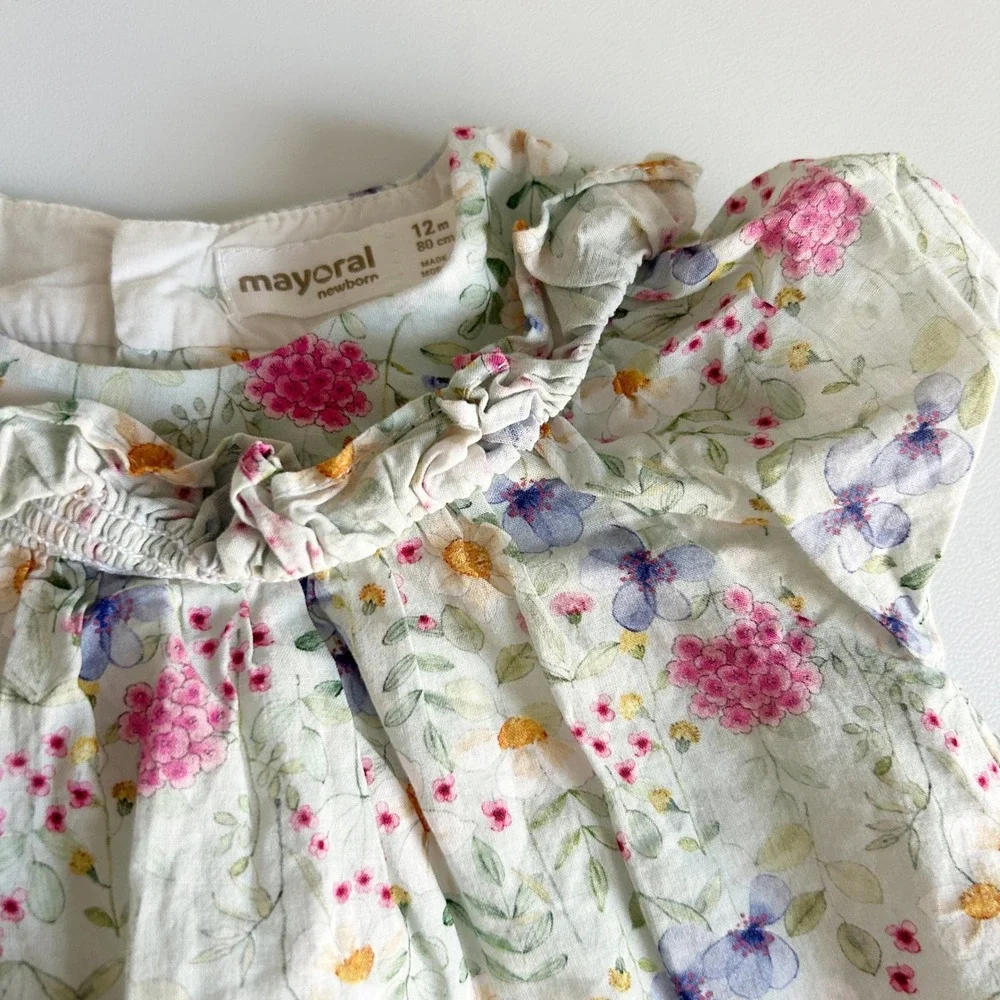Mayoral Baby Girls Cotton Floral Smocked Ruffle Cottagecore Dress Size 12M‎